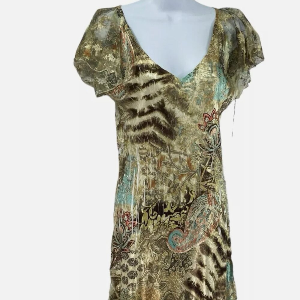 Komarov Floral Print Pleated V-Neck Flutter Sleeve dress NWT L